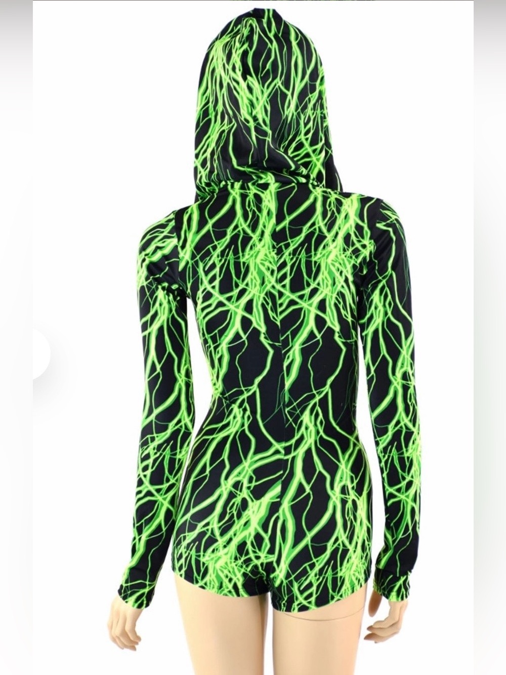 Coquetry Clothing Neon UV Green Lightning Print Long Sleeve Hoody Romper - Picture 8 of 9